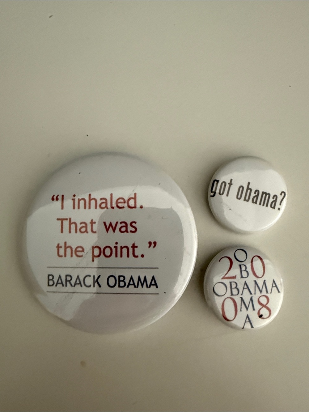 Barack Obama Political Pin Set - “I inhaled that was the point.” Pin and others